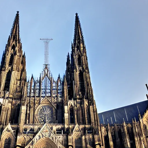 Prompt: the cathedral of Cologne used as a rocket launch pad