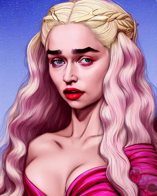 Image similar to closeup portrait beautiful seductive daenerys targaryen with long blonde windblown hair in an ornate royal dress, standing on a street in chinatown, pink lipstick, glamour pose, detailed illustration, digital art, trending on artstation, arney freytag, frank miller, moebius, graffiti, gta v,