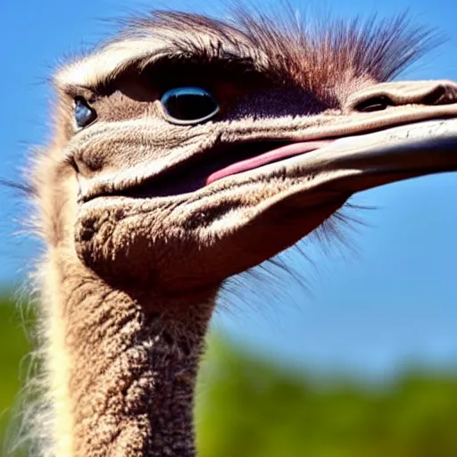 Image similar to ostrich with the head of a velociraptor, highly detailed photo