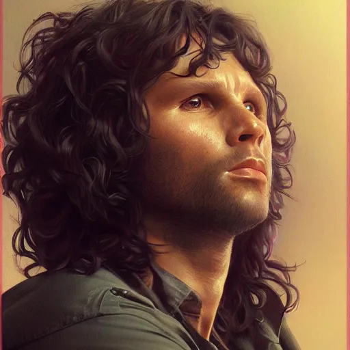 Prompt: portrait painting of jim morrison, ultra realistic, concept art, intricate details, eerie, highly detailed, photorealistic, octane render, 8 k, unreal engine. art by artgerm and greg rutkowski and alphonse mucha