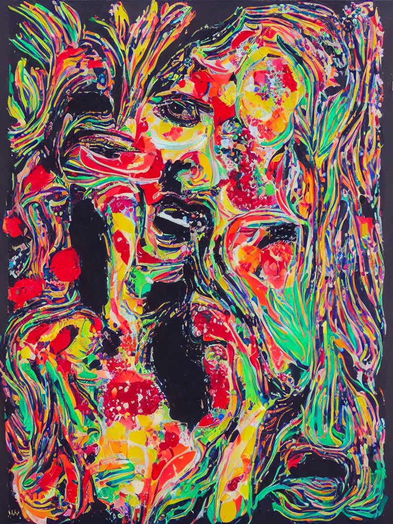 Image similar to “art in an Australian artist’s apartment, portrait of a woman wearing white cotton cloth, eating luscious fresh raspberries and strawberries and blueberries, edible flowers, black background, aboriginal Dreamtime, Eora, Gadigal, intricate, bold colour, acrylic and spray paint and wax and oilstick on canvas”