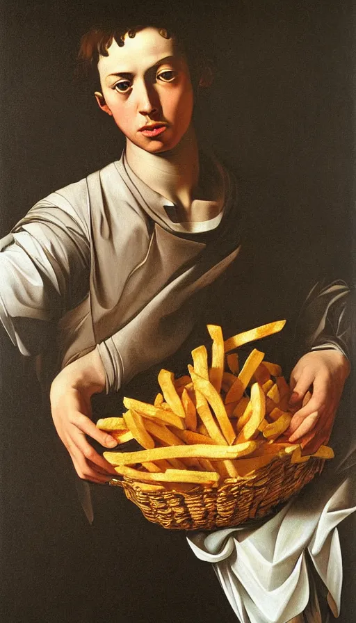 Prompt: hyperrealistic still life painting of a young man with a basket of fries, by Caravaggio, botanical print