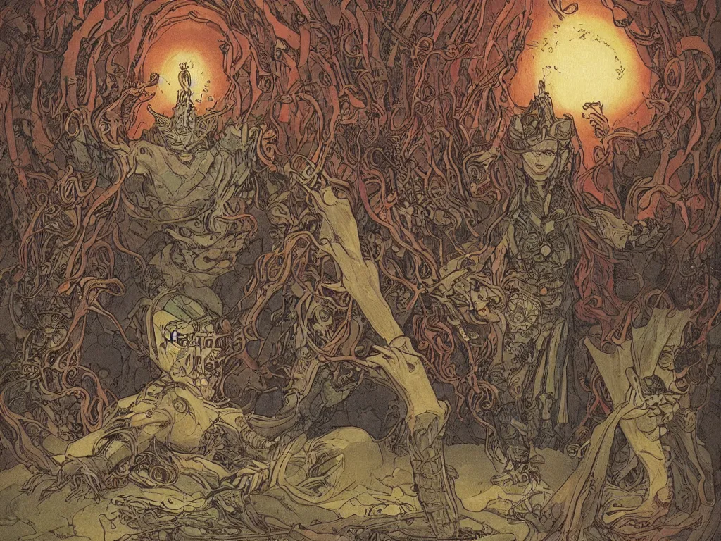 Prompt: fantasy illustration made by moebius with a 8 eyed humanoid god dealing cards over a medieval field