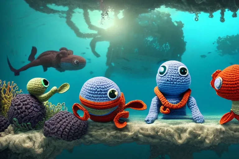 Image similar to an expedition of crochet scuba divers discovering a new animal underwater. cute, illustration, digital art, inspired by little big planet, by greg rutkowski, sharp, masterpiece, highly detailed, photorealistic, octane render, 8 k, unreal engine 5, trending on artstation, vivid colors