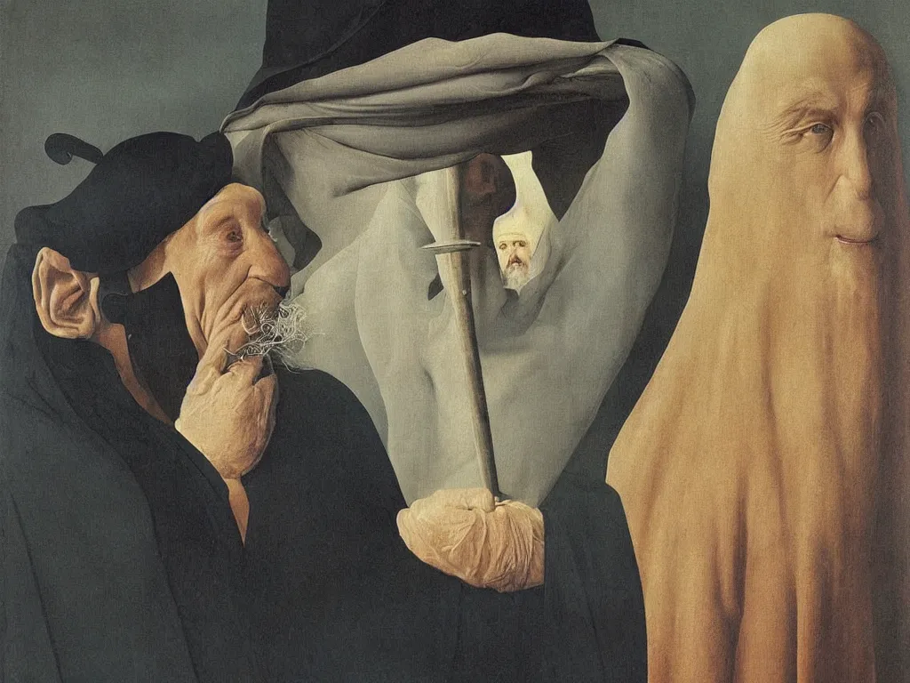 Image similar to Portrait of albino mystic with blue eyes, in the nasal cavity of an old man. Painting by Jan van Eyck, Audubon, Rene Magritte, Agnes Pelton, Max Ernst, Walton Ford