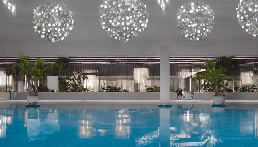 Prompt: symmetrical establishing shot of The unsettling courtyard of a monochrome modernist hotel designed by Luis Barragán, An empty swimming pool in the foreground. Ceiling is illuminated by thousands of modern crystal chandeliers Single point perspective photographed by Wes Anderson and Andreas Gursky. Cinematic, dramatic lighting, moody, eerie, illustration, uncanny, creepy Sigma 75mm, very detailed, golden hour, Symmetrical, centered, intricate, Dynamic Range, HDR,