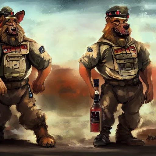 Image similar to two humanoid german shepherds beast - men in military style, they holding a beer, artstation, concept art, smooth, sharp foccus ilustration, artstation