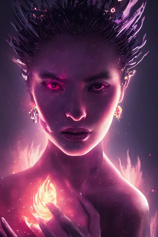 Image similar to a beautiful portrait of a young cosmic Demon women covered in deep purple flames with an intense look on her face by Greg Rutkowski, Sung Choi, Mitchell Mohrhauser, Maciej Kuciara, Johnson Ting, Maxim Verehin, Peter Konig, Bloodborne , 8k photorealistic, cinematic lighting, HD, high details, atmospheric , trending on artstation