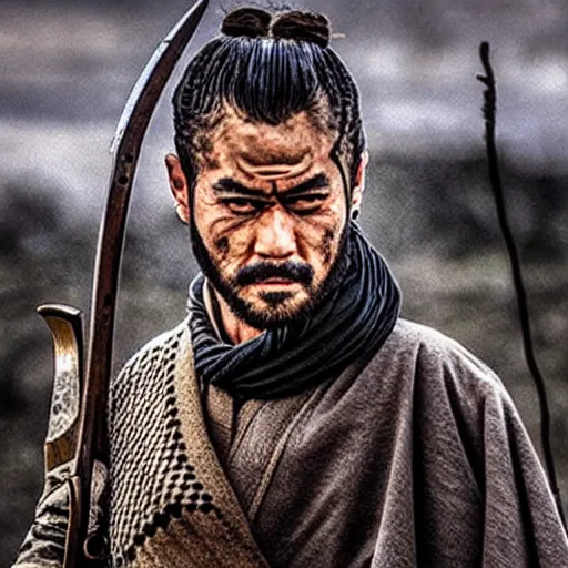 Image similar to handsome and strong! kurdish! samurai in a movie directed by christopher nolan, movie still frame, promotional image, imax 7 0 mm footage, perfect symmetrical facial features