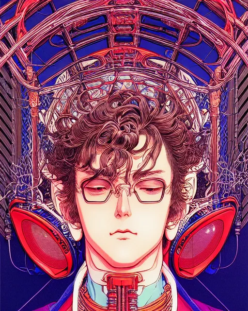 Prompt: hyper detailed illustration of a beat producer, intricate linework, lighting poster by moebius, ayami kojima, 9 0's anime, retro fantasy