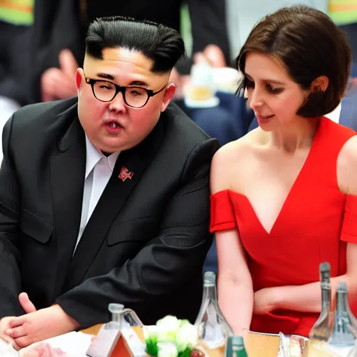 Image similar to close up shot of alison brie engaging peace talks with kim jong un at the slough corn exchange. photography, photographic