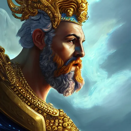 Image similar to Character concept art, Digital Paint, Zeus, God, Character Design, Digital Art, Gold Light, Blue Mist, 8K, insanely detailed and intricate, ornate, hyper realistic, super detailed, Cloudy background, Trending on Artstation, in the style of James Jean