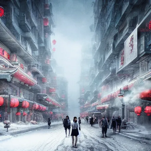 Prompt: a matte painting about a dystopian, dystopian chinese city, covered in snow. hardcopy ( live ) httpa matte painting about a misty, cyberpunk, rutless rock landing, coming true to life in post - apocalyptic