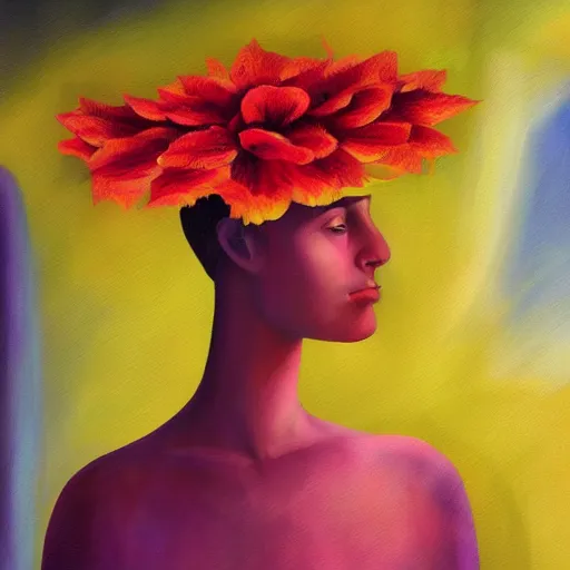 Image similar to huge flower as head, woman standing in a luxury apartment, surreal, dramatic light, impressionist painting, digital painting, artstation, georgia o'keeffe