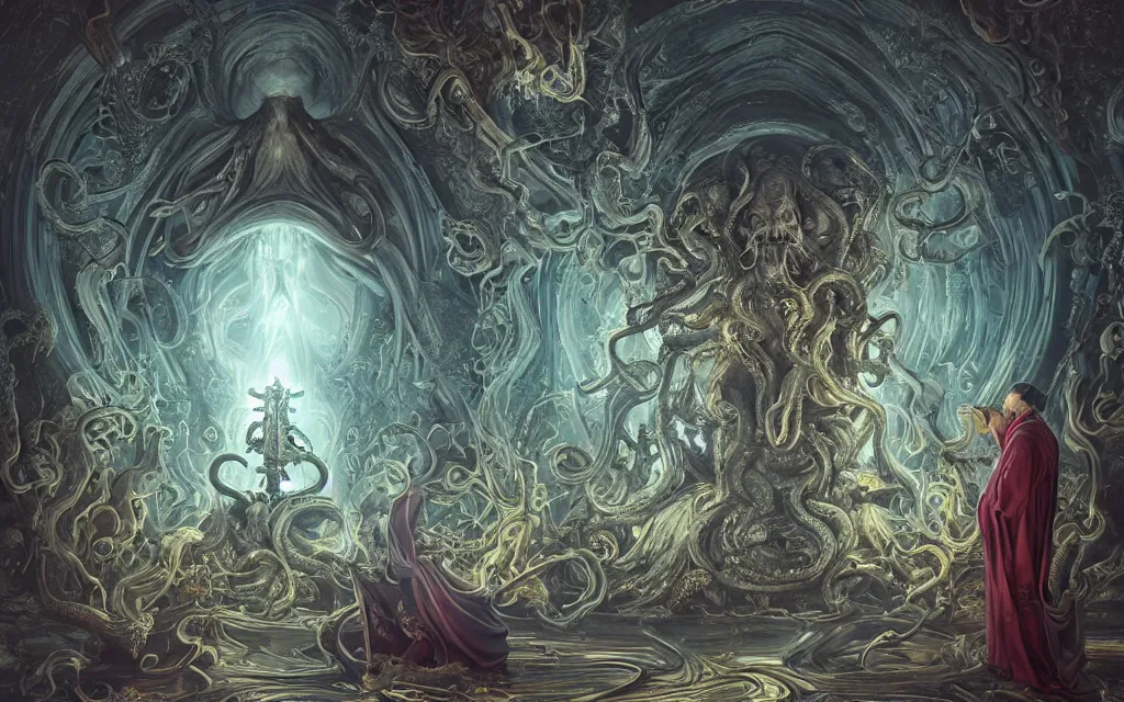 Image similar to pope priest in front of a cthulhu within a viscosity fluid lovecraft portal, intricate architecture, baroque detailed, shiny colors, high - key lighting, beautiful composition, intricate, elegant, pro photography by, highly detailed, art by artgerm and peter mohrbacher, subsurface scattering, ray tracing, vivid colors, octane render