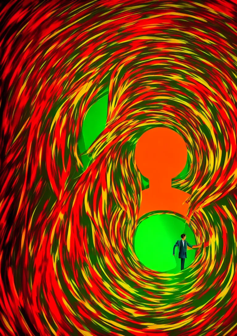 Image similar to Behind the troubled indecisive man was The portal into his imagination containing a swirling vortex of memories and ideas. High concept art. Introspective. Red orange yellow green themed.