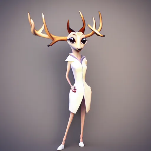 Image similar to portrait, 3 d render, anthropomorphic female deer, wearing along white dress, in the style of zootopia,