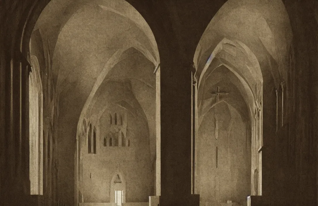 Prompt: in this church interior, vertical lines suggest spirituality, rising beyond human reach toward the heavens. work of art claymation intact flawless ambrotype from 4 k criterion collection remastered cinematography gory horror film, ominous lighting, evil theme wow photo realistic postprocessing sequestered corner of a garden within a castle walls painting by grant wood