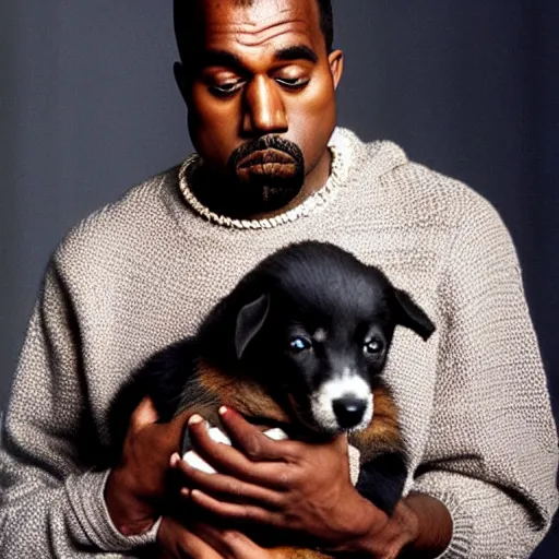 Prompt: Kanye West crying while holding a puppy for a 1990s sitcom tv show, Studio Photograph, portrait, very sad C 12.0