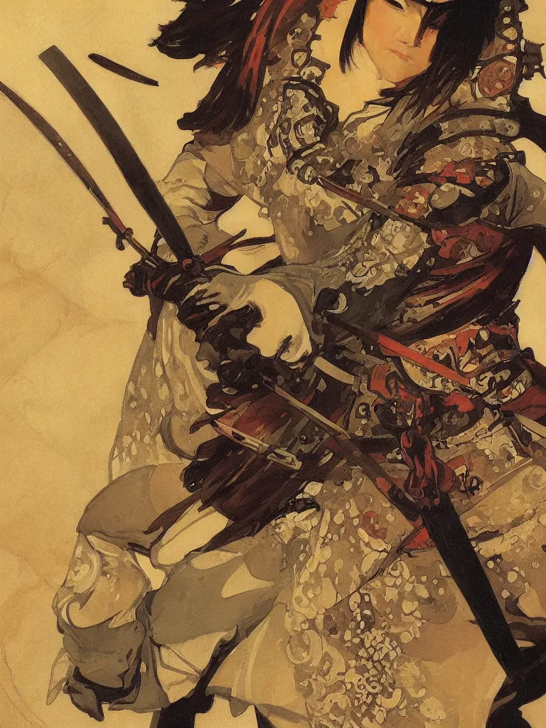 Prompt: close up of a samurai in full armor, by fiona staples, alphonse mucha, greg manchess