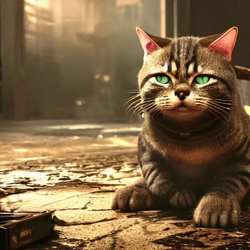 Image similar to lil bub the cat in Gears of War, splash art, movie still, cinematic lighting, dramatic, octane render, long lens, shallow depth of field, bokeh, anamorphic lens flare, 8k, hyper detailed, 35mm film grain