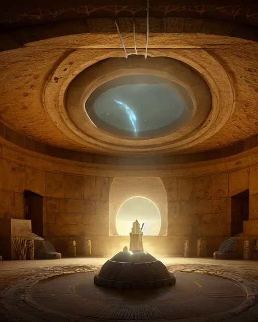 Image similar to greg rutkowski digital painting of an ornate and royal egyptian antechamber tomb, a circular pool in the tomb showing the galaxy, unreal engine, hyper realism, realistic shading, cinematic composition, blender render, octane render, hdr, detailed textures, photorealistic, ultrawide shot, 3 5 mm film