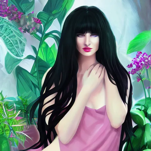 Image similar to pretty woman with pale skin, long black hair in a room full of beautiful plants, abstract, beautiful digital art trending on artstation