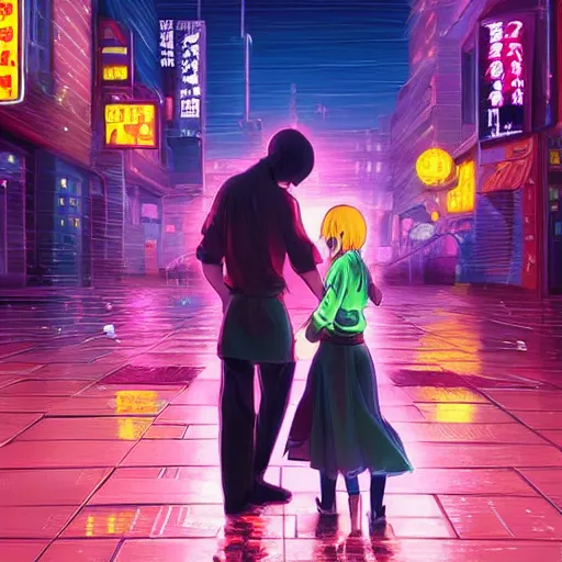 Prompt: old martial arts teacher with his cute daughter, rainy night, neon glow concept art, sharp focus, city background, intricate, digital painting, artstation, official media, anime key visual, highly detailed, rich vivid colors ambient lighting, illustration, art by Artgerm, Makoto Shinkai, Ilya Kuvshinov, Lois Van Baarle and Rossdraws