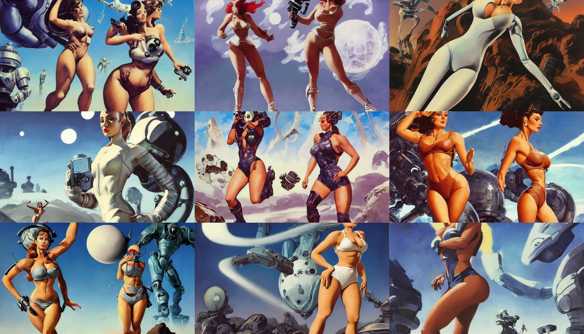 Prompt: A mixed media portrait painting of a beautiful woman running on an alien planet, very curvy, aesthetic! high-waisted white-bikini-armor and boots, holding a ray-gun, aesthetic symmetrical face and eyes, model, wet, pacific-rim-mech in background, by Frank Frazetta, Boris Vallejo, Beeple, Greg Rutkowski, Christian MacNevin, eighties-pinup style, epic fantasy character art, high fantasy, CGsociety, exquisite detail, post-processing, masterpiece, cinematic