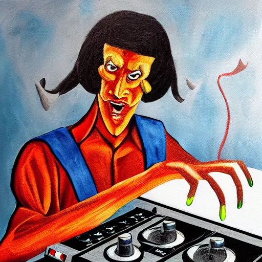 Image similar to painting of the devil as a dj with hand on record spinning