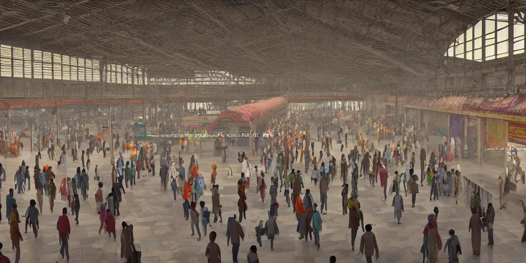 Image similar to establishing shot, interior of an india railway station, bustling with people, sharp focus, unreal engine, octane render, aesthetic