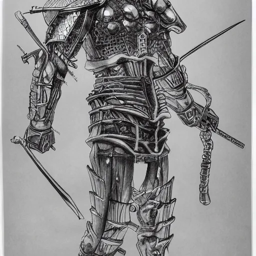 Prompt: japanese futuristic warrior with many scars, high detail, hyperdetailed, hard ink, no pencils, drawing