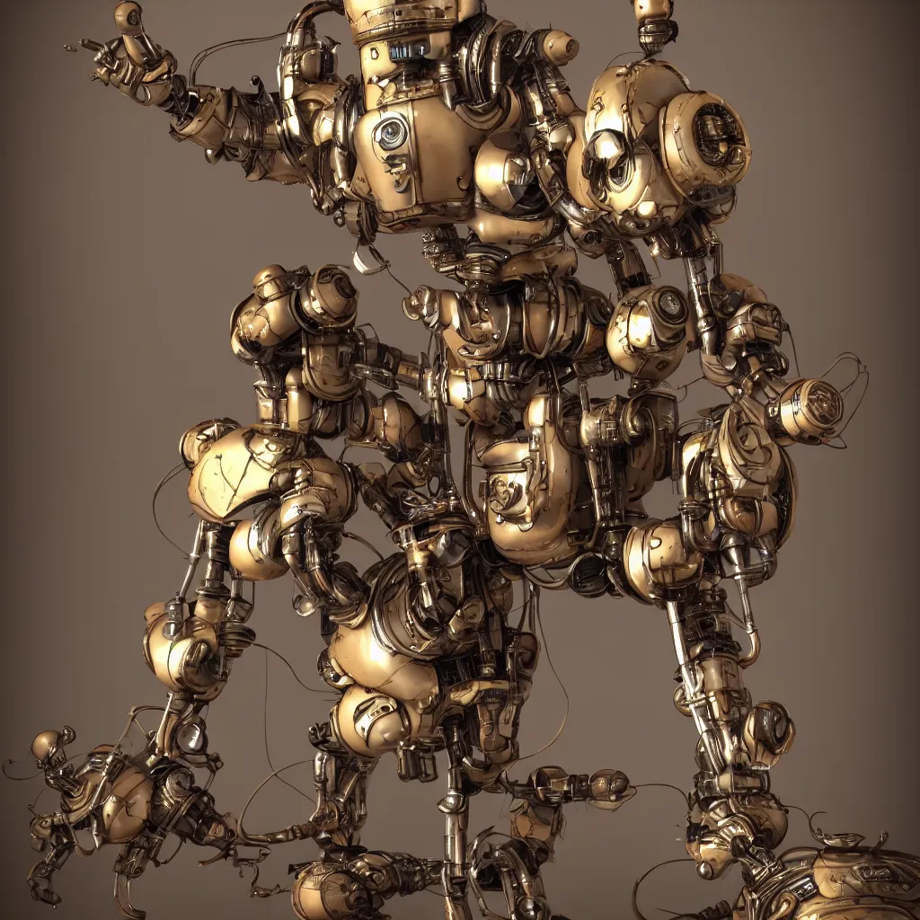 Prompt: steampunk style sweeping robot, photorealistic, 3 d rendering, cute, unreal engine, bokeh