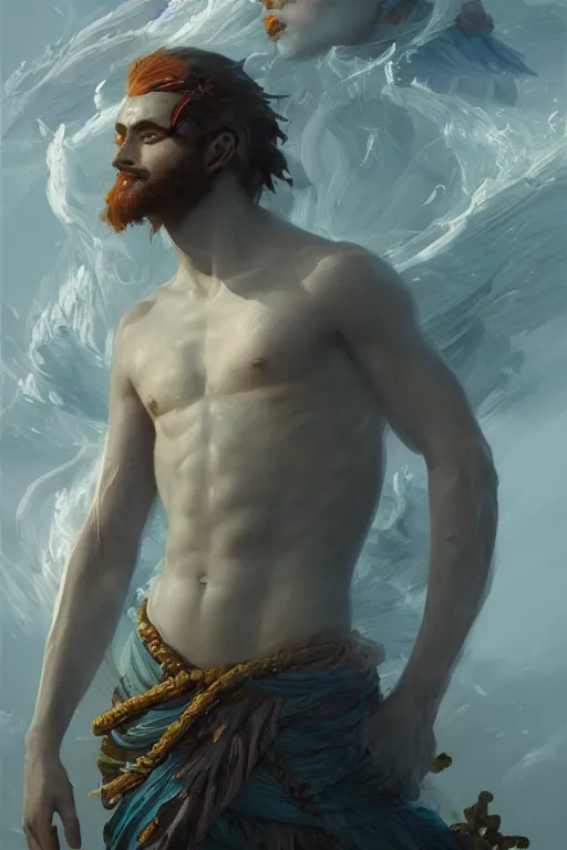 Image similar to young male sea god of the vietnamese, highly detailed, digital painting, artstation, concept art, smooth, sharp focus, illustration, unreal engine 5, 8 k, art by artgerm and greg rutkowski and edgar maxence