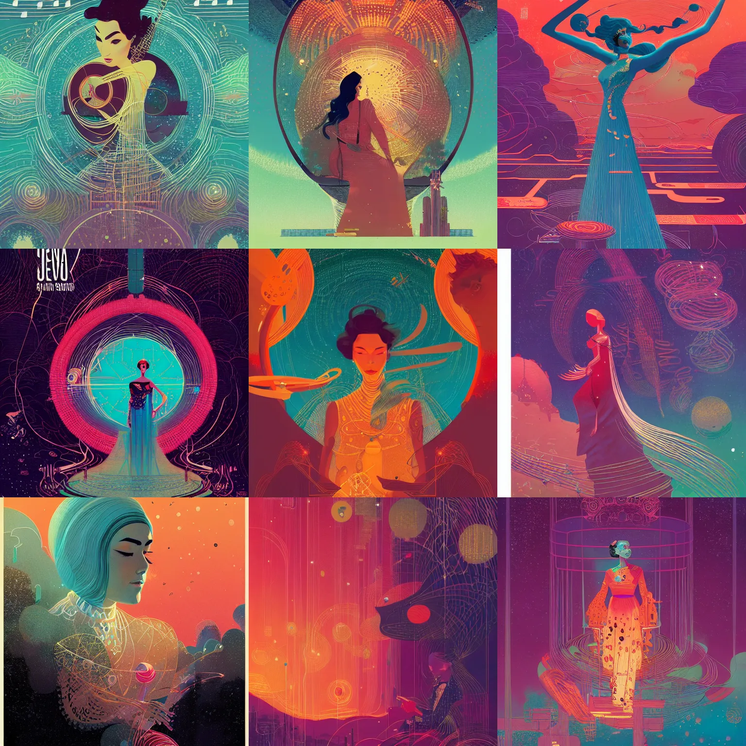 Prompt: Sona, maven of the strings by Victo Ngai and James Gilleard and Bruce Pennington