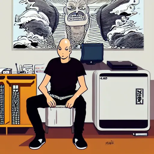 Image similar to portrait of bored saitama sitting in front of a computer by yusuke murata and mcbess