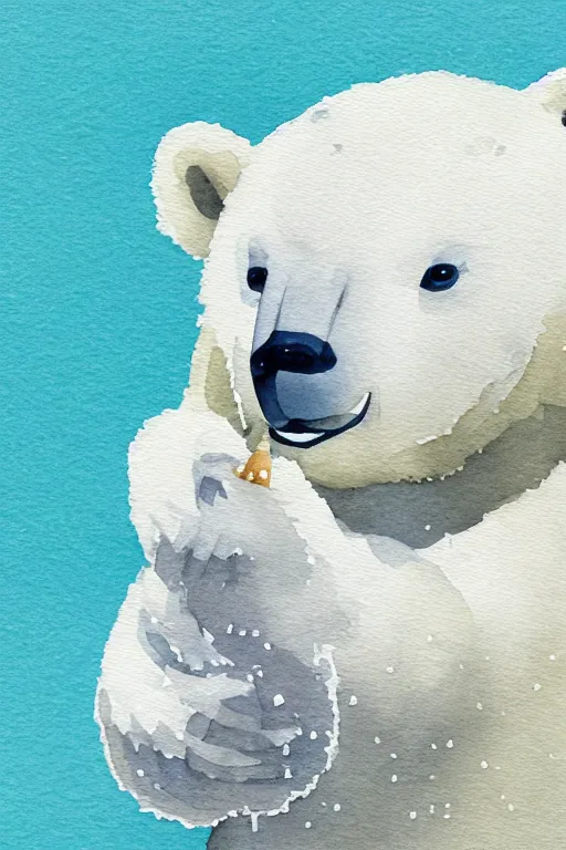 Image similar to a cute anime polar bear holding a porcelain vase, watercolor, white background, lovely