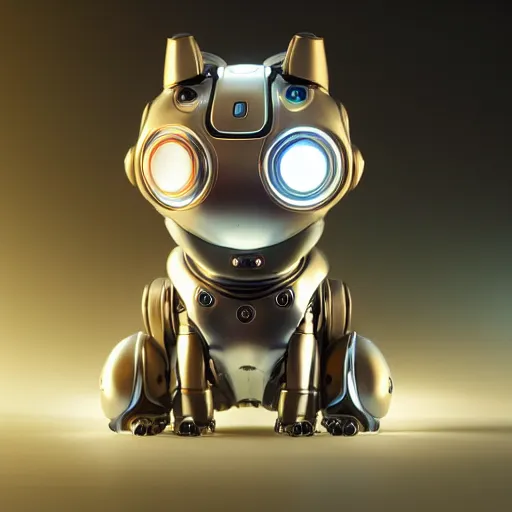 Prompt: product photo of a futuristic stylized pet robot, kitten puppy teddy mix, super cute robot face, big eyes small mouth, by artgerm and greg rutkowski and marc newson, alphonse mucha, zaha hadid, side view, volumetric light, detailed, octane render, midsommar