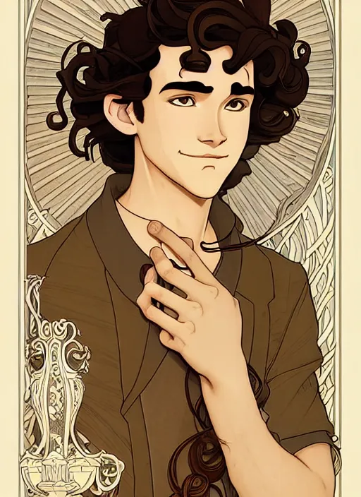 Image similar to well - lit art nouveau portrait of a young man with curly brown hair, brown eyes, annoyed facial expression, casual clothes, natural lighting, path traced, highly detailed, high quality, cartoon, digital painting, by don bluth and ross tran and studio ghibli and alphonse mucha