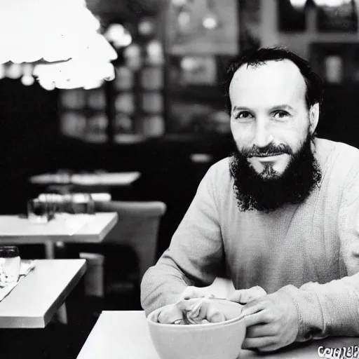 Prompt: photo from the year 1 9 9 4 of a frenchman from france seated in a restaurant. 5 0 mm, studio lighting