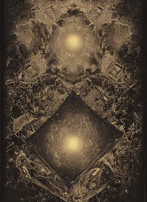 Image similar to old wetplate daguerreotype the opening of pandora's box, explosion of data fragments, fractal, intricate, elegant, highly detailed, parallax, leica, medium format, subsurface scattering, by jheronimus bosch and greg rutkowski and louis jacques mande daguerre