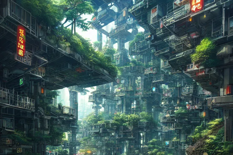 Image similar to solarpunk kowloon walled forest city, still from studio ghibli anime movie, cyberpunk tree house, walkways, bridges, pedestrians, robots, rivers, digital art, artgerm, trending on artstation