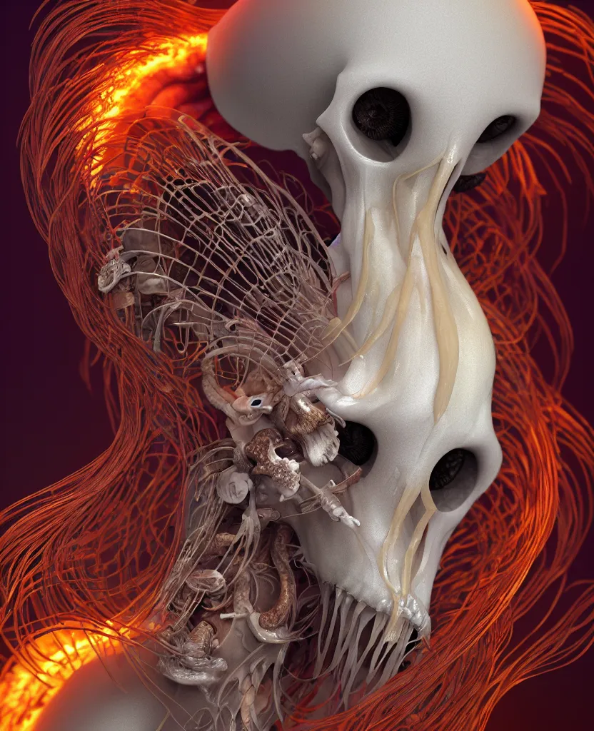 Image similar to goddess close-up portrait ram skull. jellyfish phoenix head, nautilus, orchid, ram skull, betta fish, bioluminiscent creatures, intricate artwork by Tooth Wu and wlop and beeple. octane render, trending on artstation, greg rutkowski very coherent symmetrical artwork. cinematic, hyper realism, high detail, octane render, 8k