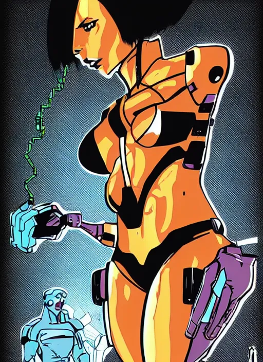 Image similar to cyborg in the style of Peter Chung, Aeon Flux inspired, 90s comic book art,