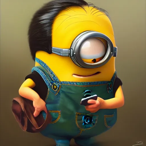 Image similar to an epic painting minion, looking at the smartphone, oil on canvas, perfect composition, golden ratio, beautiful detailed, photorealistic, digital painting, concept art, smooth, sharp focus, illustration, artstation trending