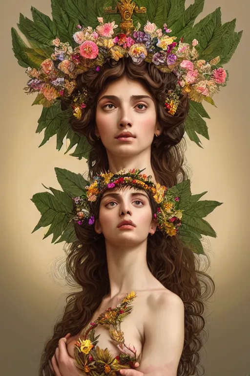 Image similar to body portrait of beautiful roman godess wearing a robe of flowers, wearing a crown of leaves, full body portrait of a young beautiful woman low angle by terry o'neill intricate, elegant, highly detailed, digital painting, artstation, concept art, smooth, sharp focus, illustration, art by artgerm and greg rutkowski and alphonse mucha, 8 k