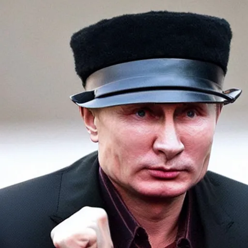Prompt: putin wearing a black leather hat, frontal view, cool looking
