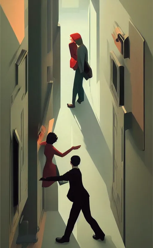 Image similar to love, surreal illustration, by atey ghailan and escher and edward hopper