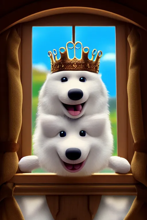 Image similar to happy finnish lapphund dog holding a crown at house window. Pixar Disney 4K 3d render funny animation movie Oscar winning trending on ArtStation and Behance. Ratatouille style.