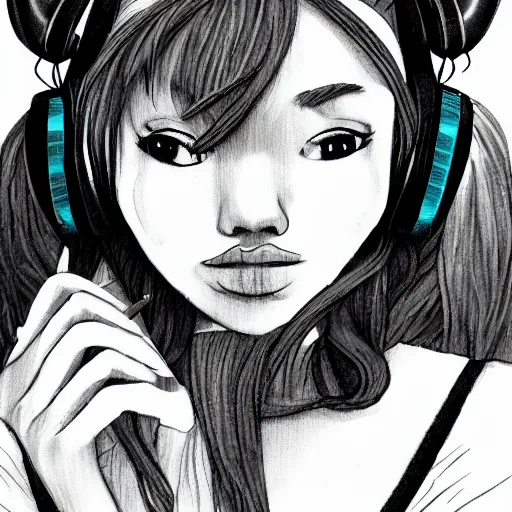 anime girl with headphones line art